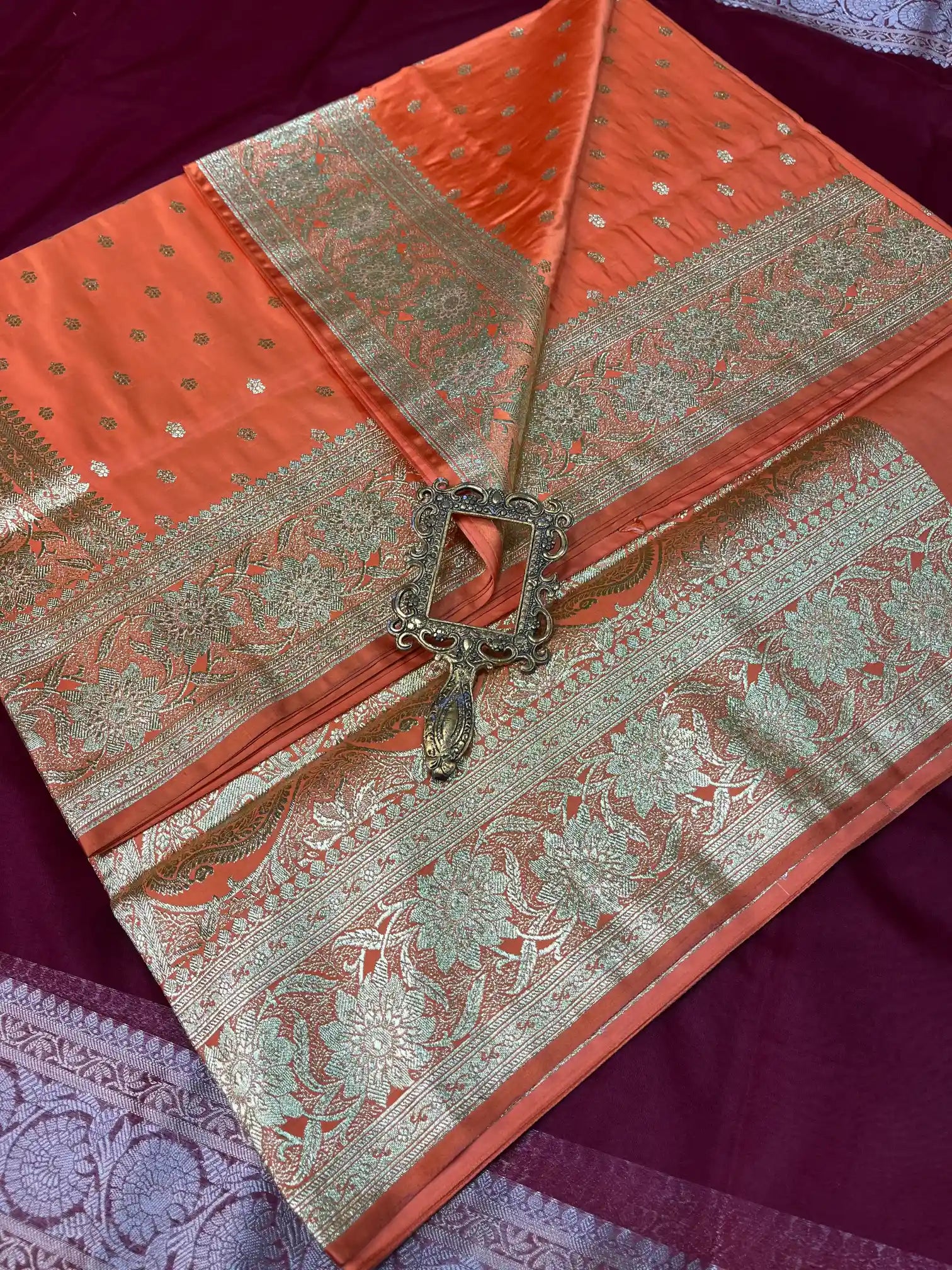 Bridal Orange Satin Silk Traditional Buti Banarasi Saree