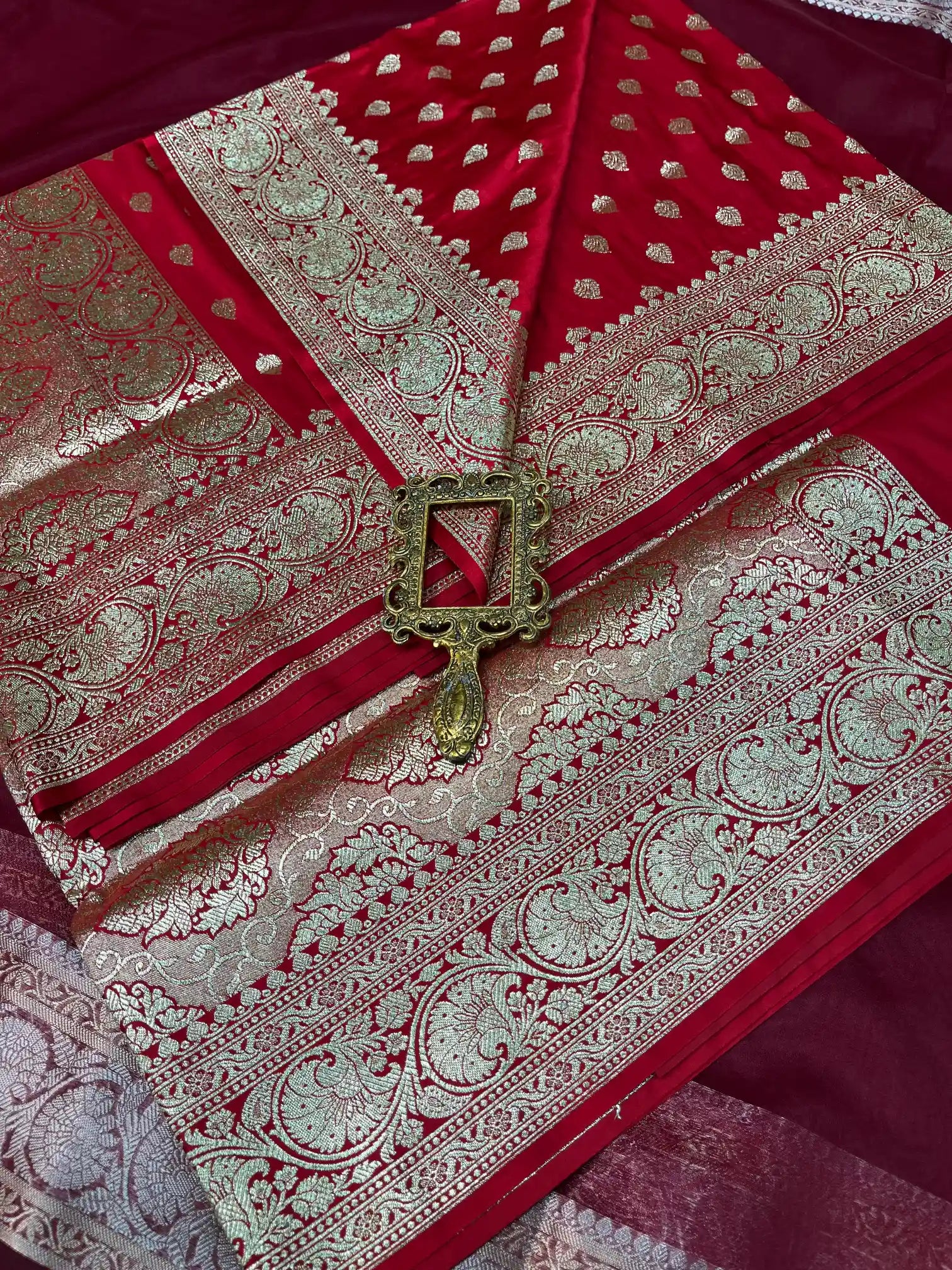 Bridal Red Satin Silk Traditional Buti Banarasi Saree