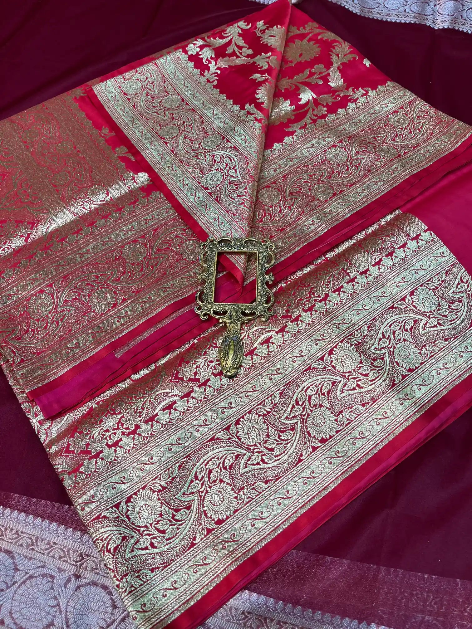 Bridal Bright Red Satin Silk Premium Floral Jaal Banarasi Saree