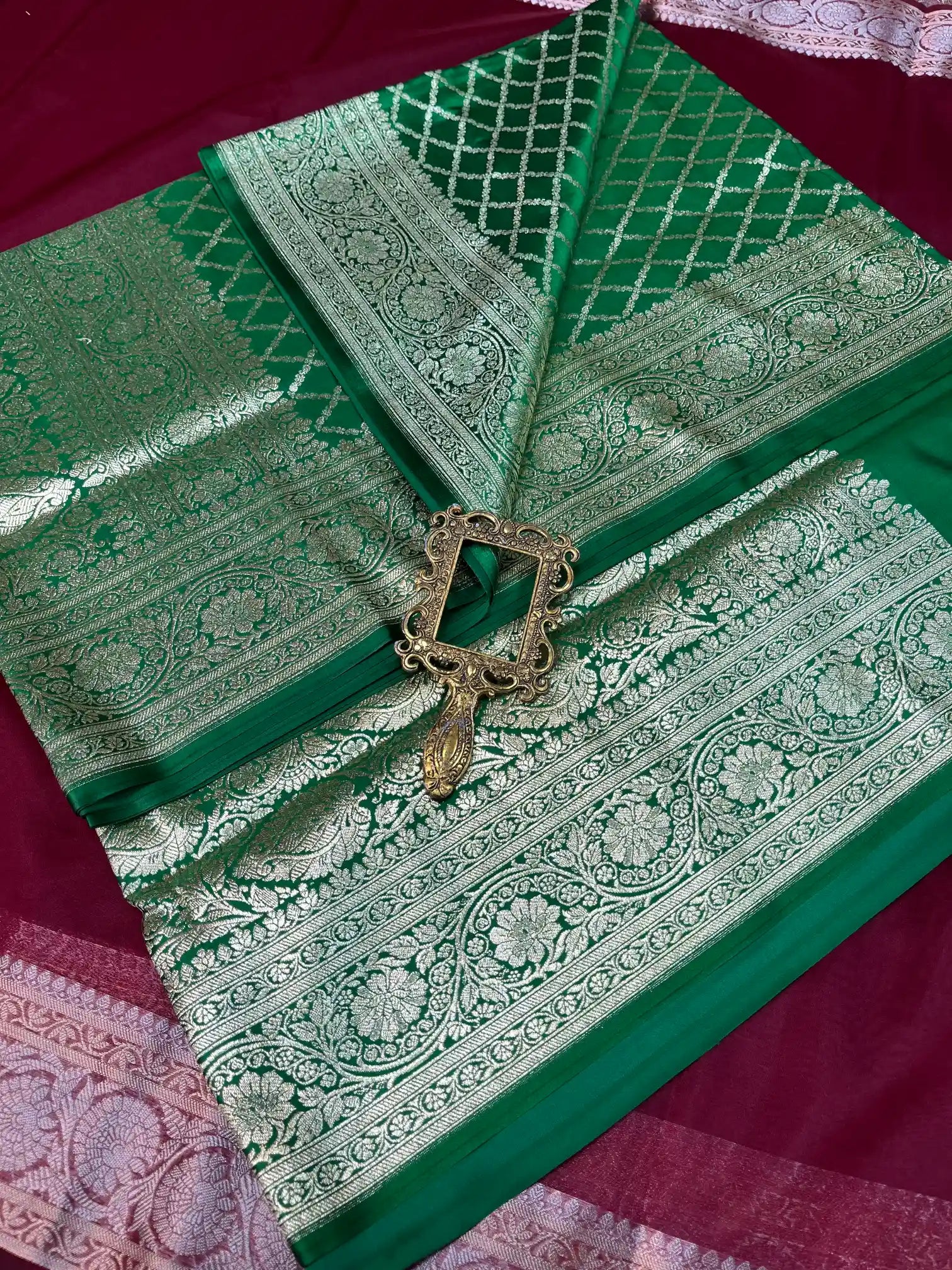Bridal Green Satin Silk Premium Floral Jaal Banarasi Saree