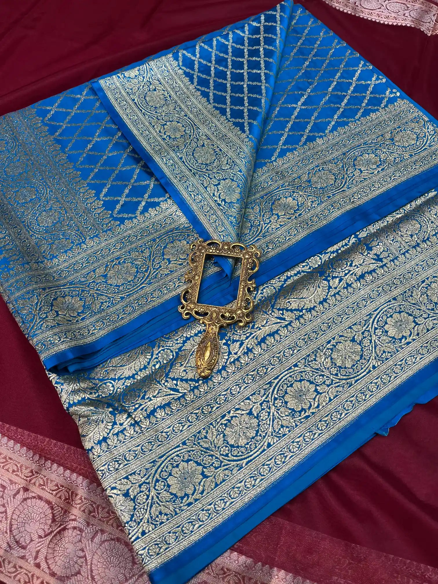Bridal Blue Satin Silk Premium Floral Jaal Banarasi Saree