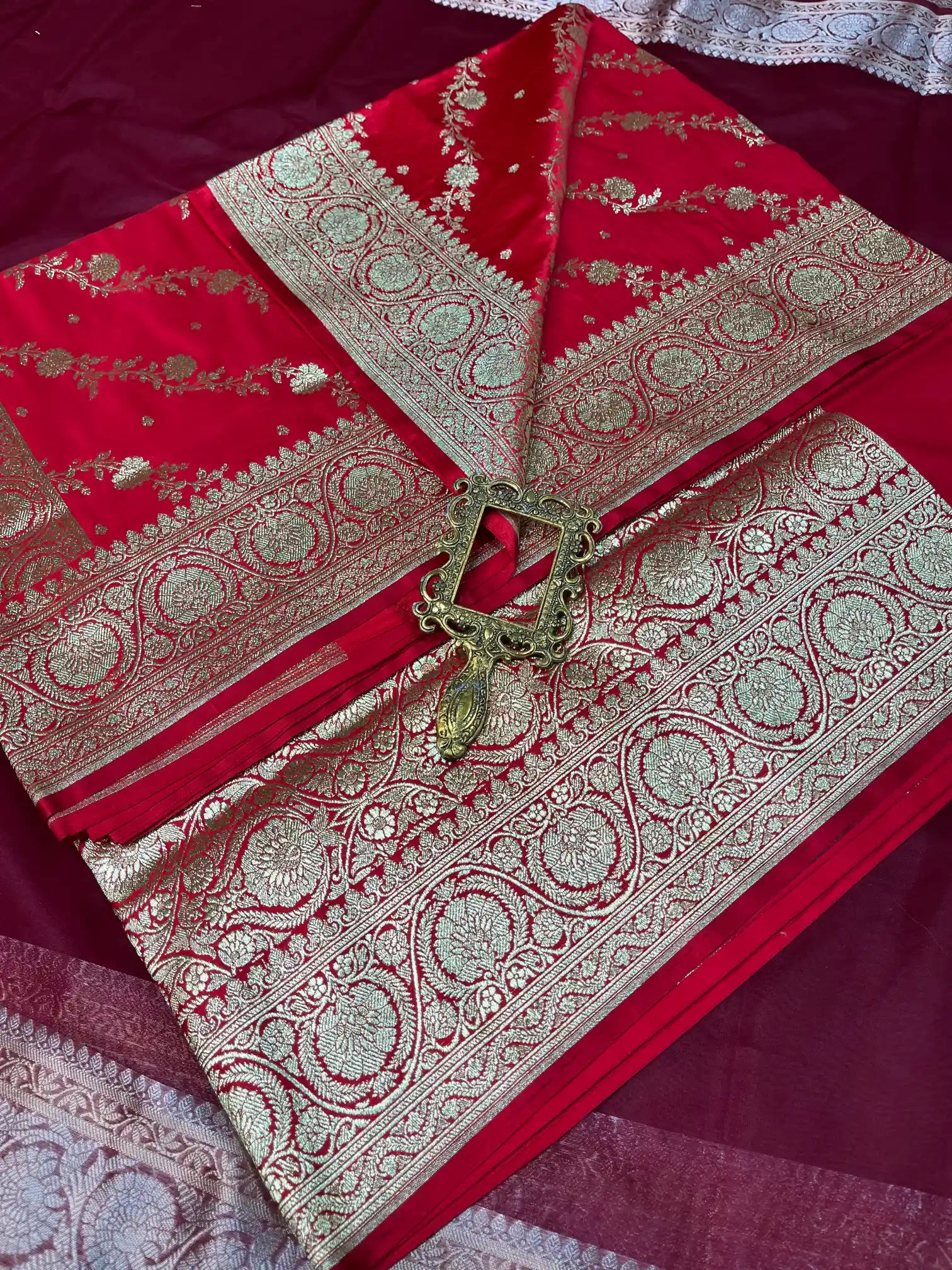 Bridal Carmine Satin Silk Premium Floral Jaal Banarasi Saree