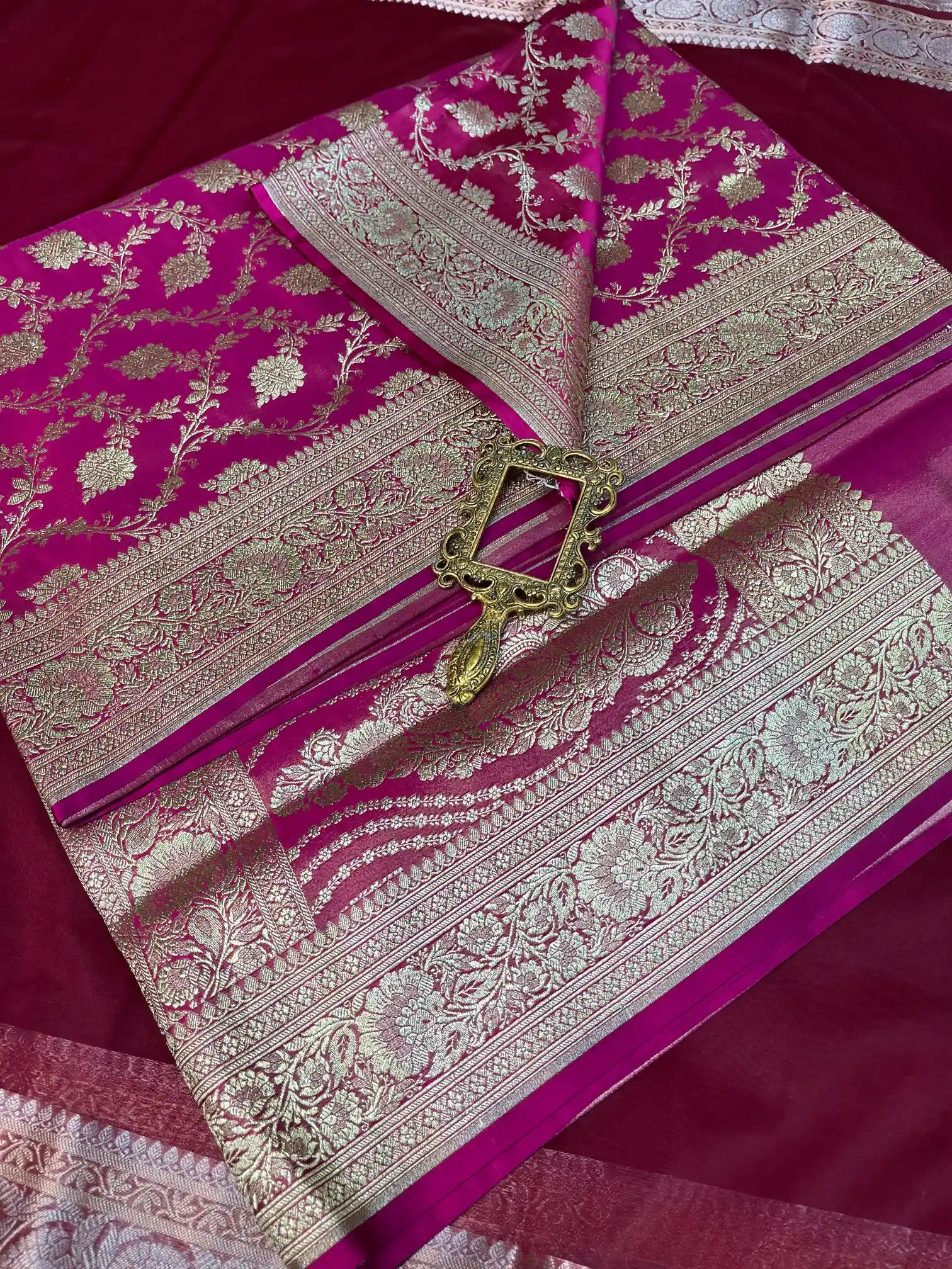 Bridal Rani Pink Satin Silk Premium Floral Jaal Banarasi Saree