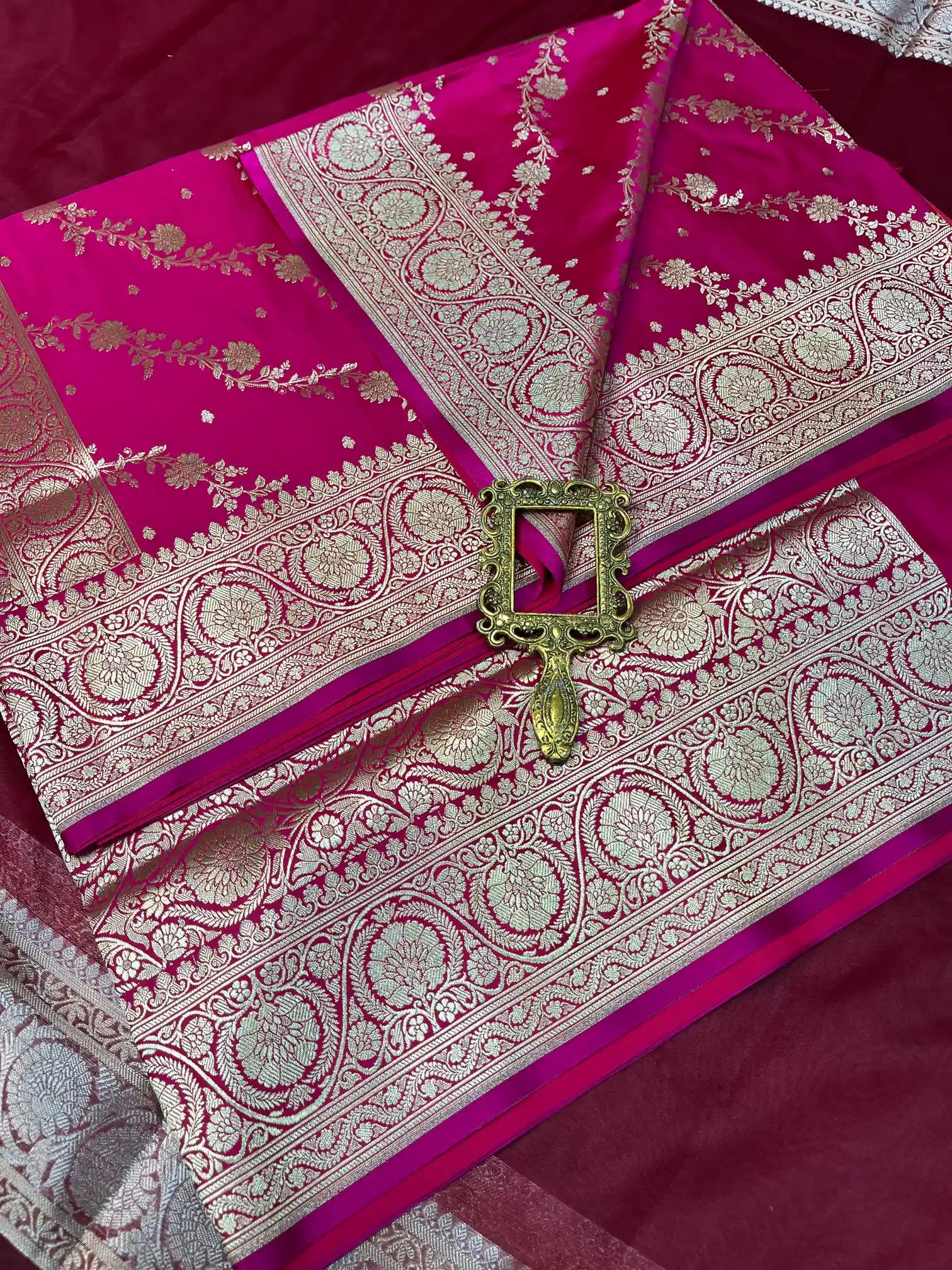 Bridal Rani Pink Satin Silk Premium Floral Jaal Banarasi Saree