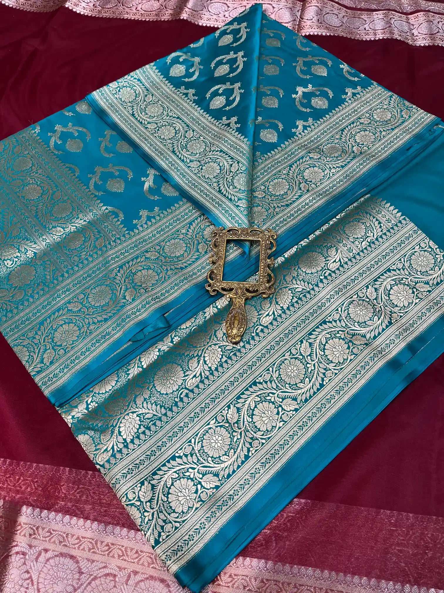 Bridal Sea Blue Satin Silk Premium Floral Jaal Banarasi Saree