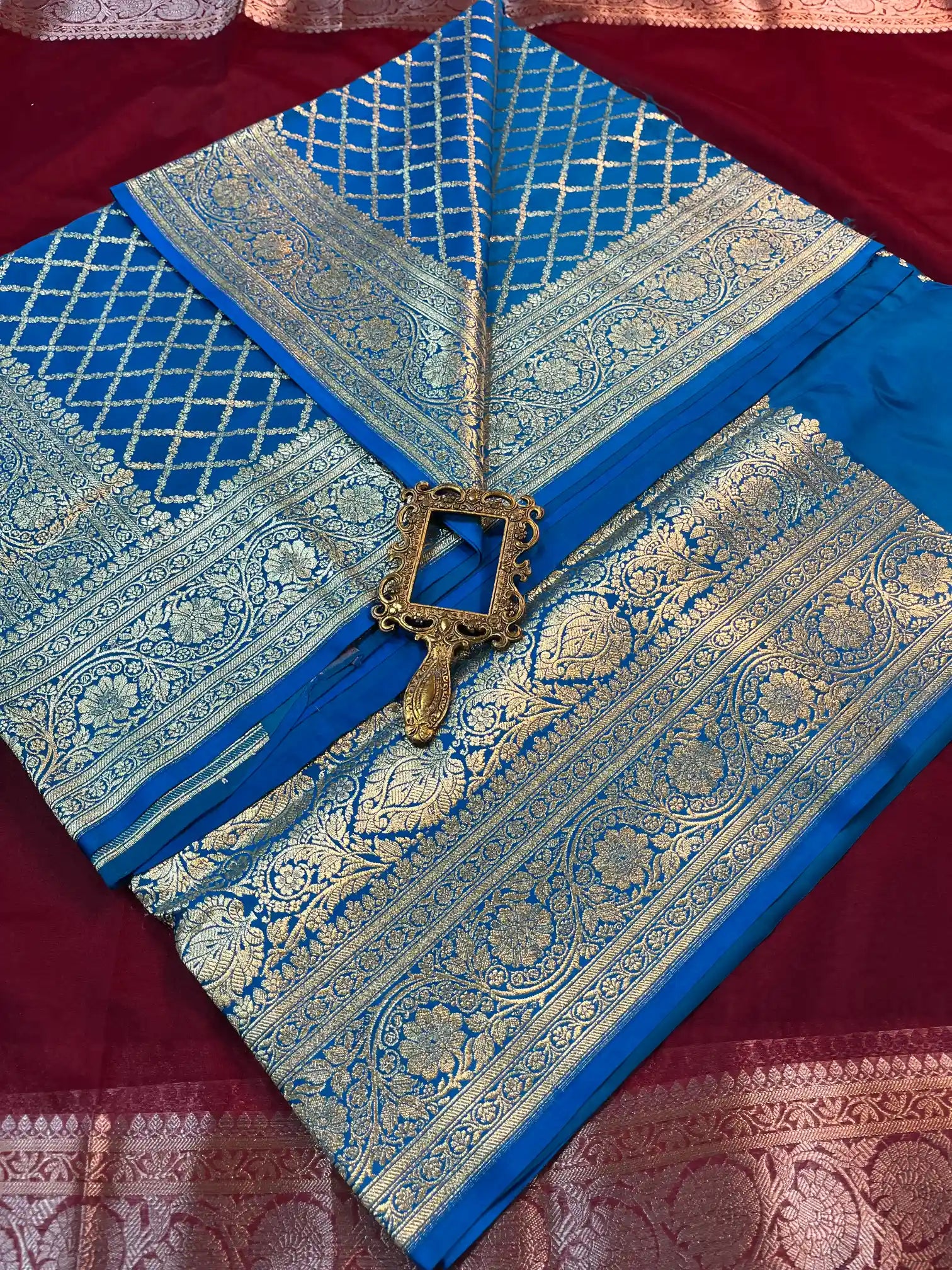 Bridal Blue Satin Silk Premium Floral Jaal Banarasi Saree