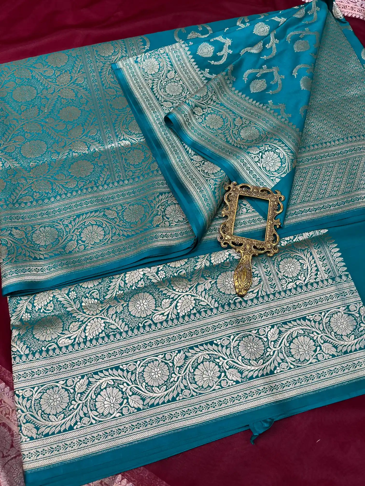 Bridal Sea Green Satin Silk Premium Floral Jaal Banarasi Saree