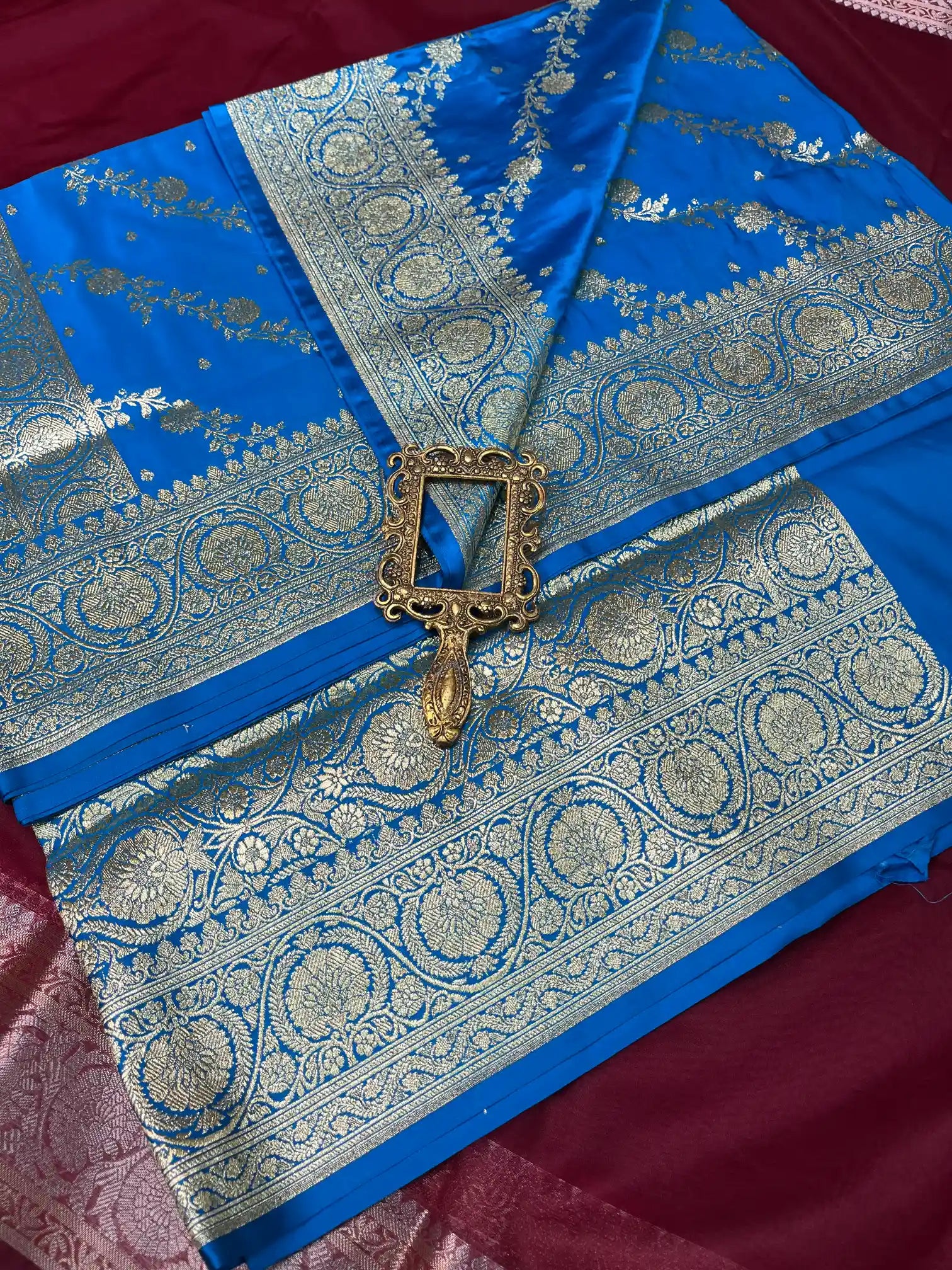 Bridal Blue Satin Silk Premium Floral Jaal Banarasi Saree