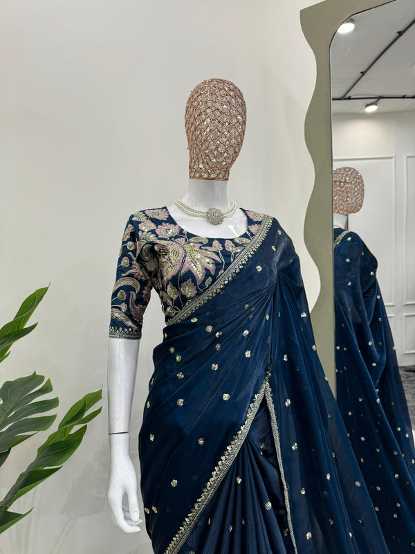 Bridal Navy Blue Shimmery Tissue Designer Saree