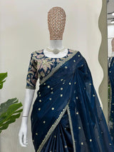 Bridal Navy Blue Shimmery Tissue Designer Saree