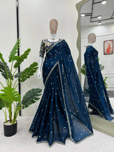 Bridal Navy Blue Shimmery Tissue Designer Saree