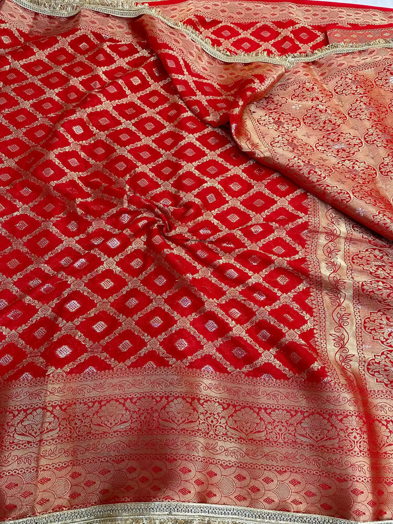 Bridal Red Chiniya Silk Lace Attached Banarasi Saree 
