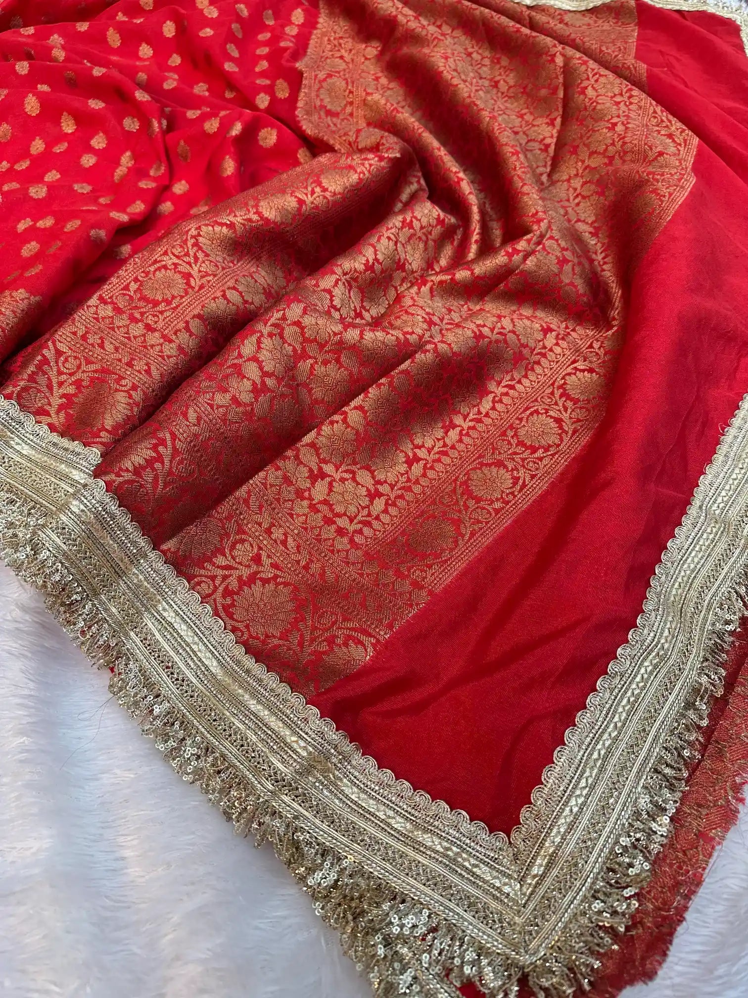 Bridal Red Georgette Silk Lace Work Banarasi Saree