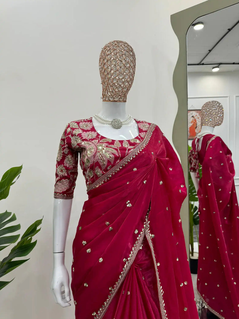 Bridal Red Shimmery Organza Designer Saree