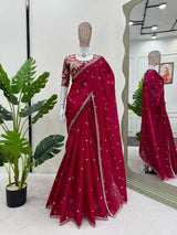 Bridal Red Shimmery Organza Designer Saree