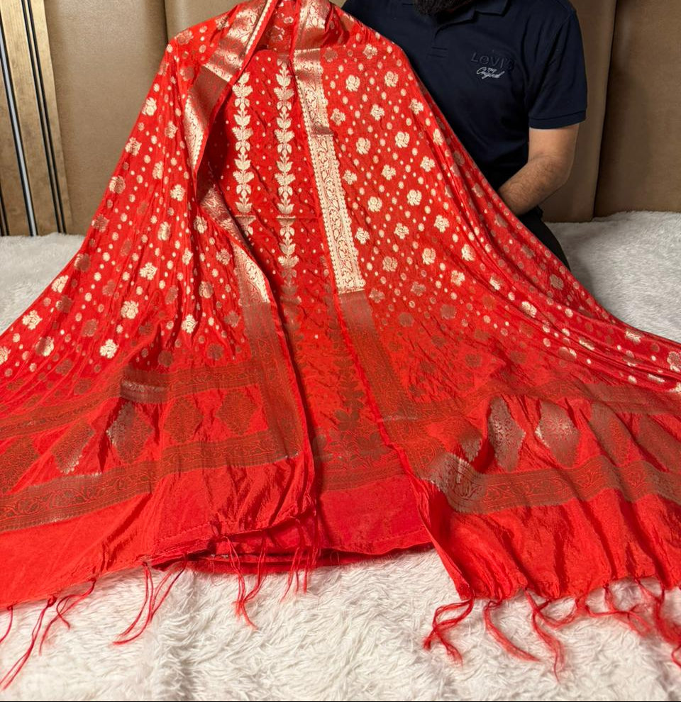 Bridal red chinia silk 3 pcs banarasi suit  2499