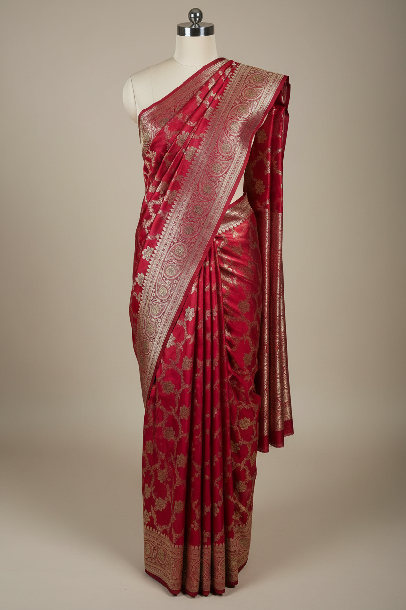 Bright Maroon Premium Banarasi Satin Silk Saree with Rich Pallu and Stone Work
