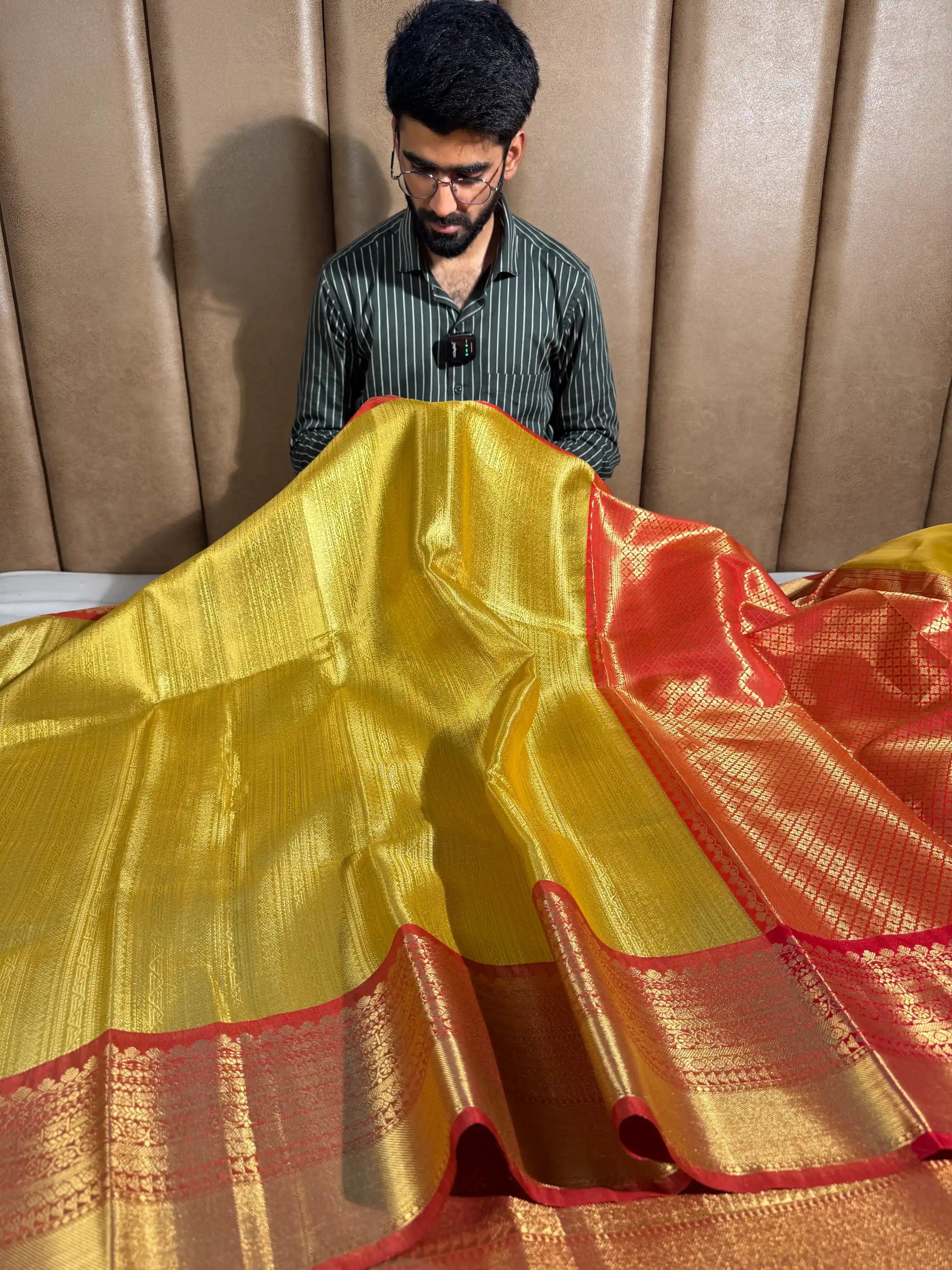 Bright Metallic Gold Kanjivaram Brocade Tissue Silk Saree with Contrast Red Border