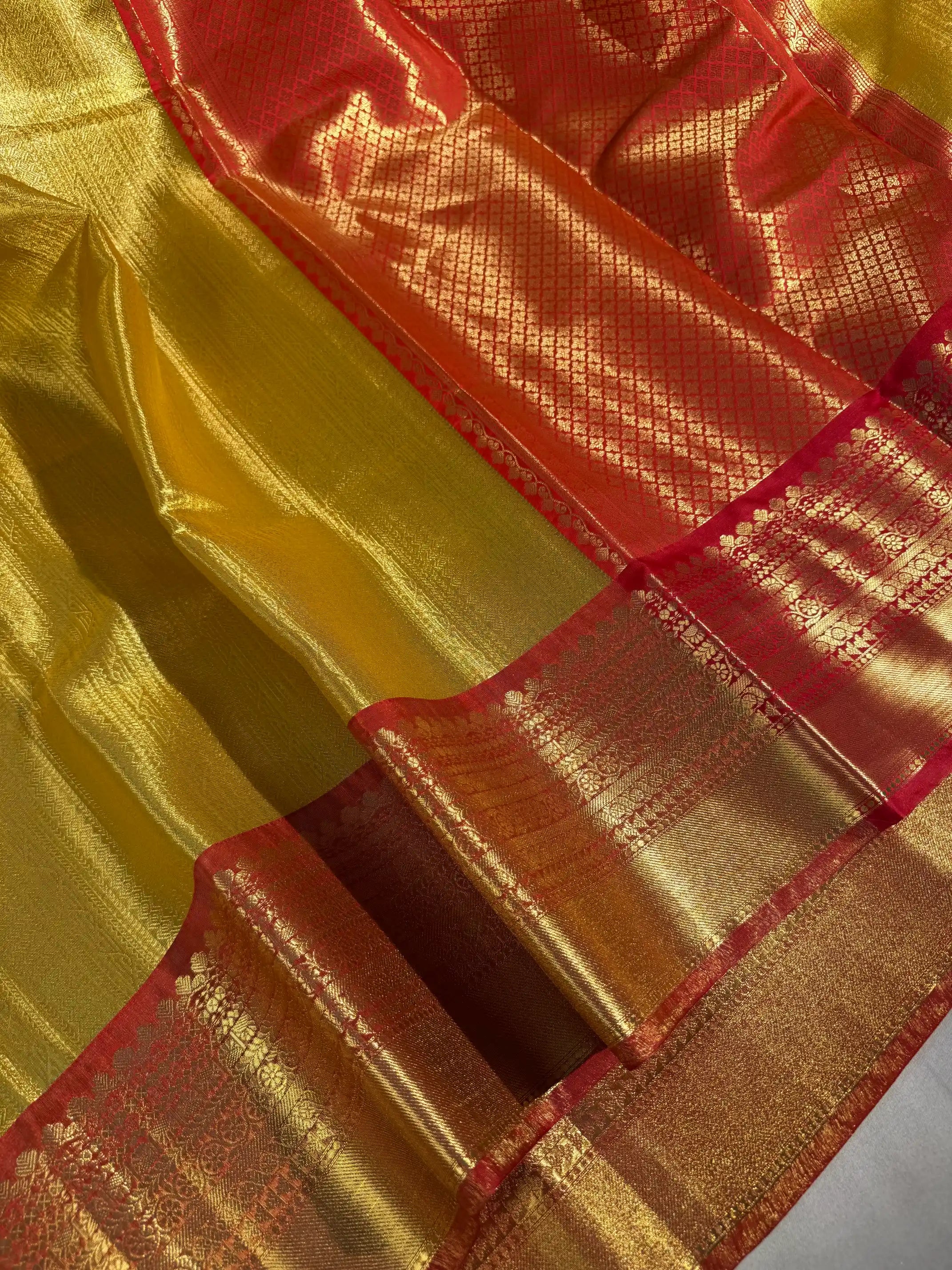Bright Metallic Gold Kanjivaram Brocade Tissue Silk Saree with Contrast Red Border