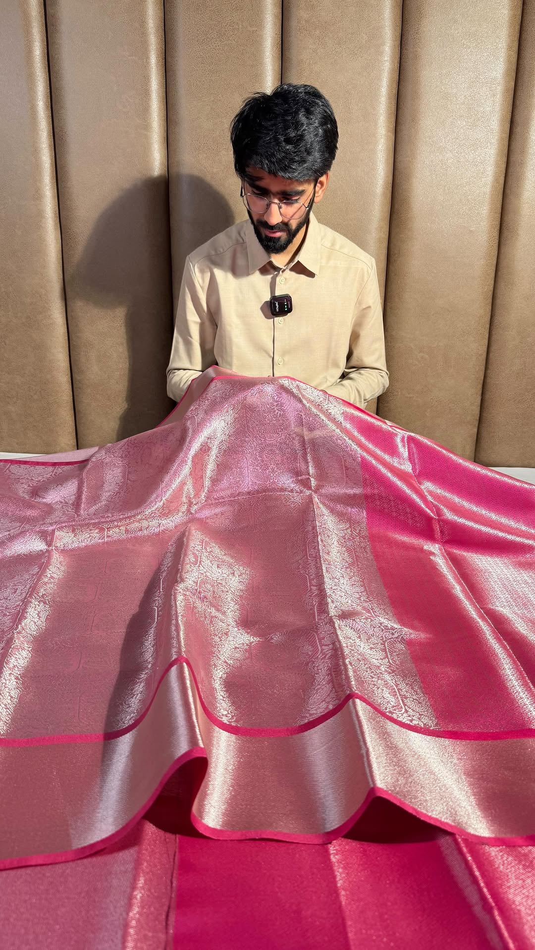 Bright Metallic Pink Glass Tissue Silk Banarasi Saree