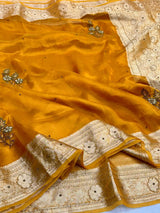 Bright Mustard Premium Handwork Pure Tissue Silk Banarasi Saree