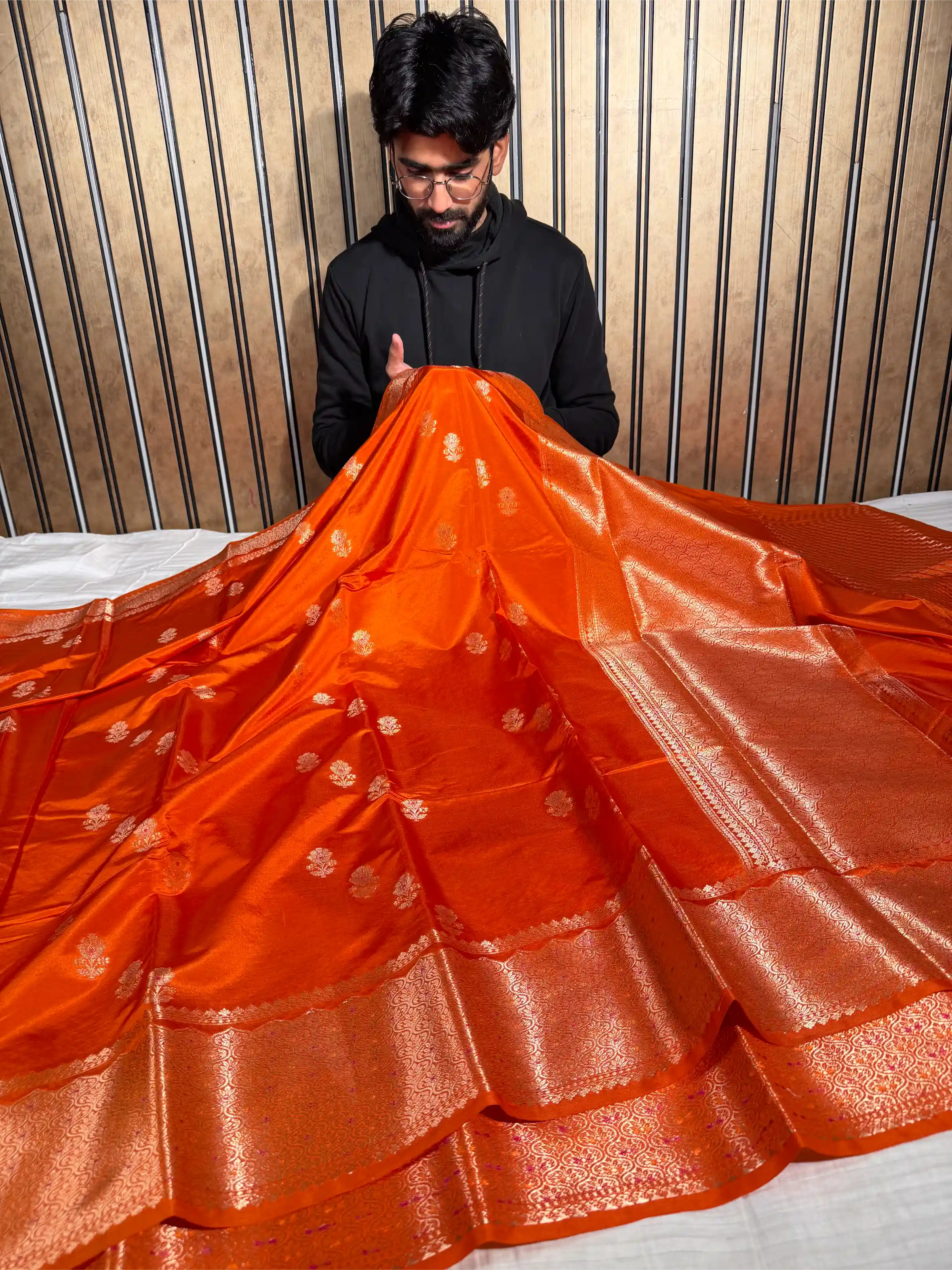 Bright Orange Banana Silk Eccentric Weave Banarasi Saree