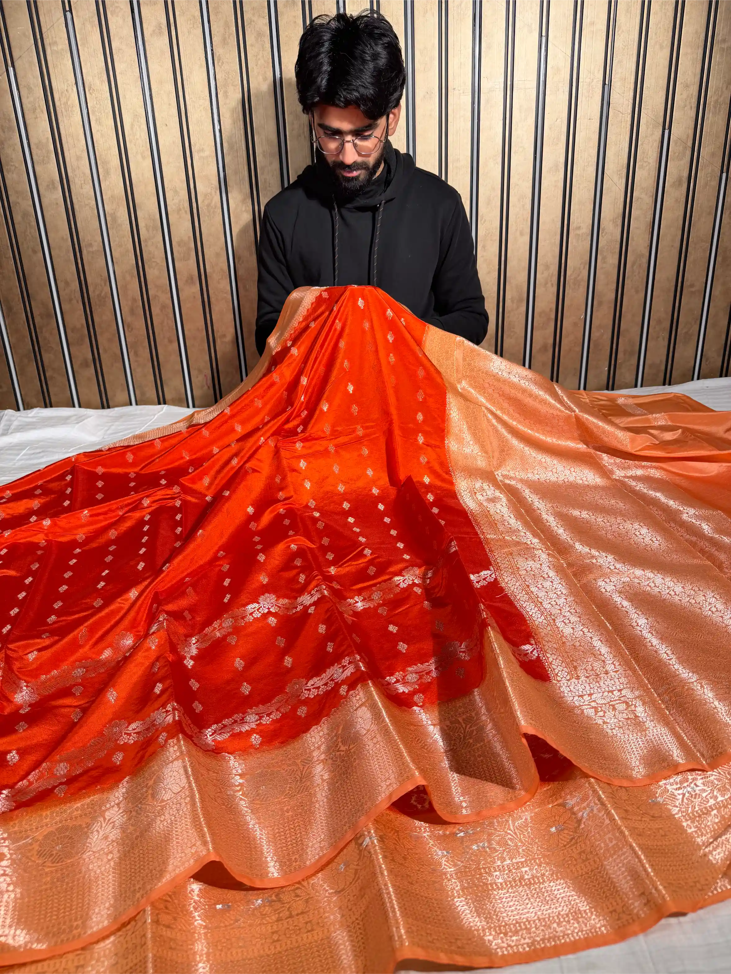 Bright Orange Banana Silk Eccentric Weave Banarasi Saree