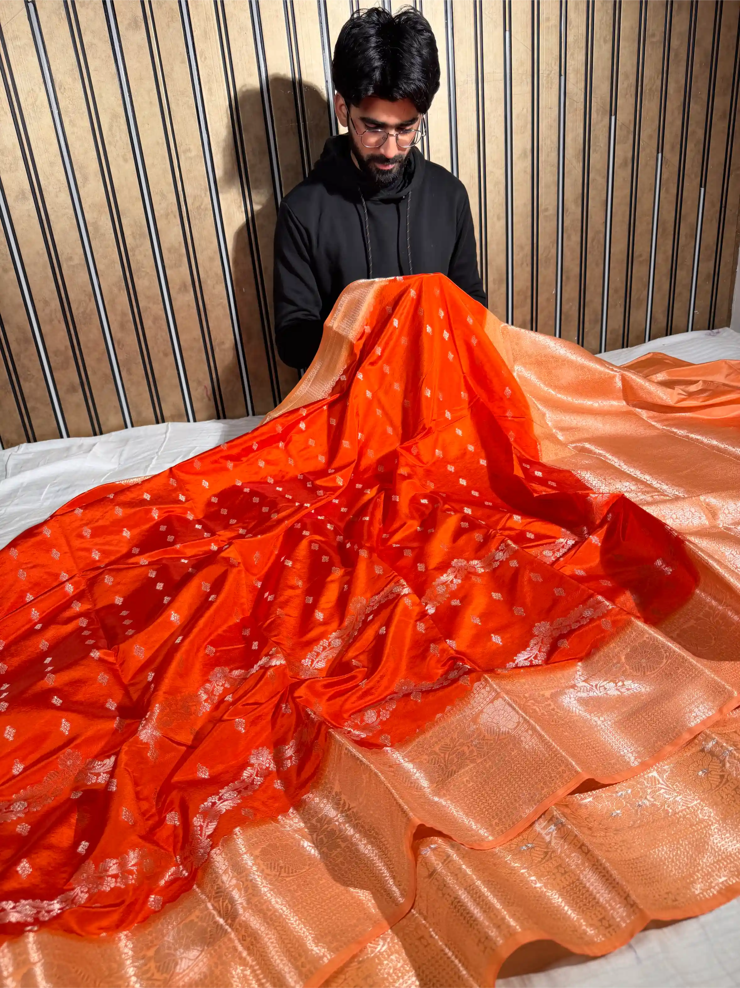 Bright Orange Banana Silk Eccentric Weave Banarasi Saree