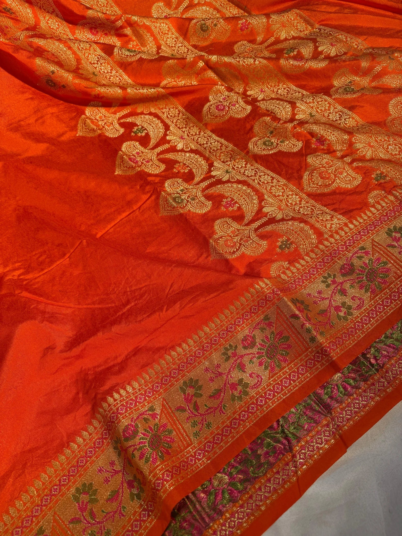 Bright Orange Banarasi Georgette Silk Saree with Rich Pallu and Blouse