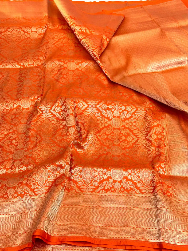 Bright Orange Brocade Pure Katan Silk Saree