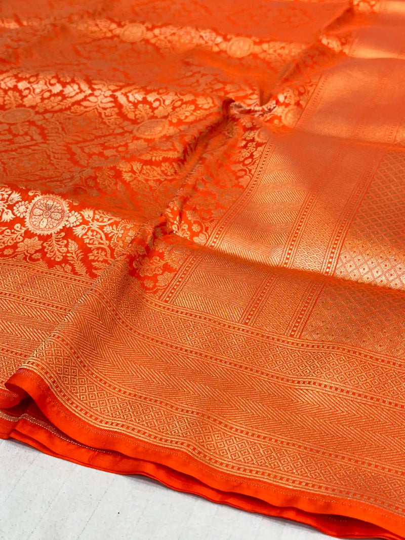 Bright Orange Brocade Pure Katan Silk Saree