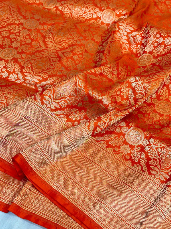 Bright Orange Brocade Pure Katan Silk Saree