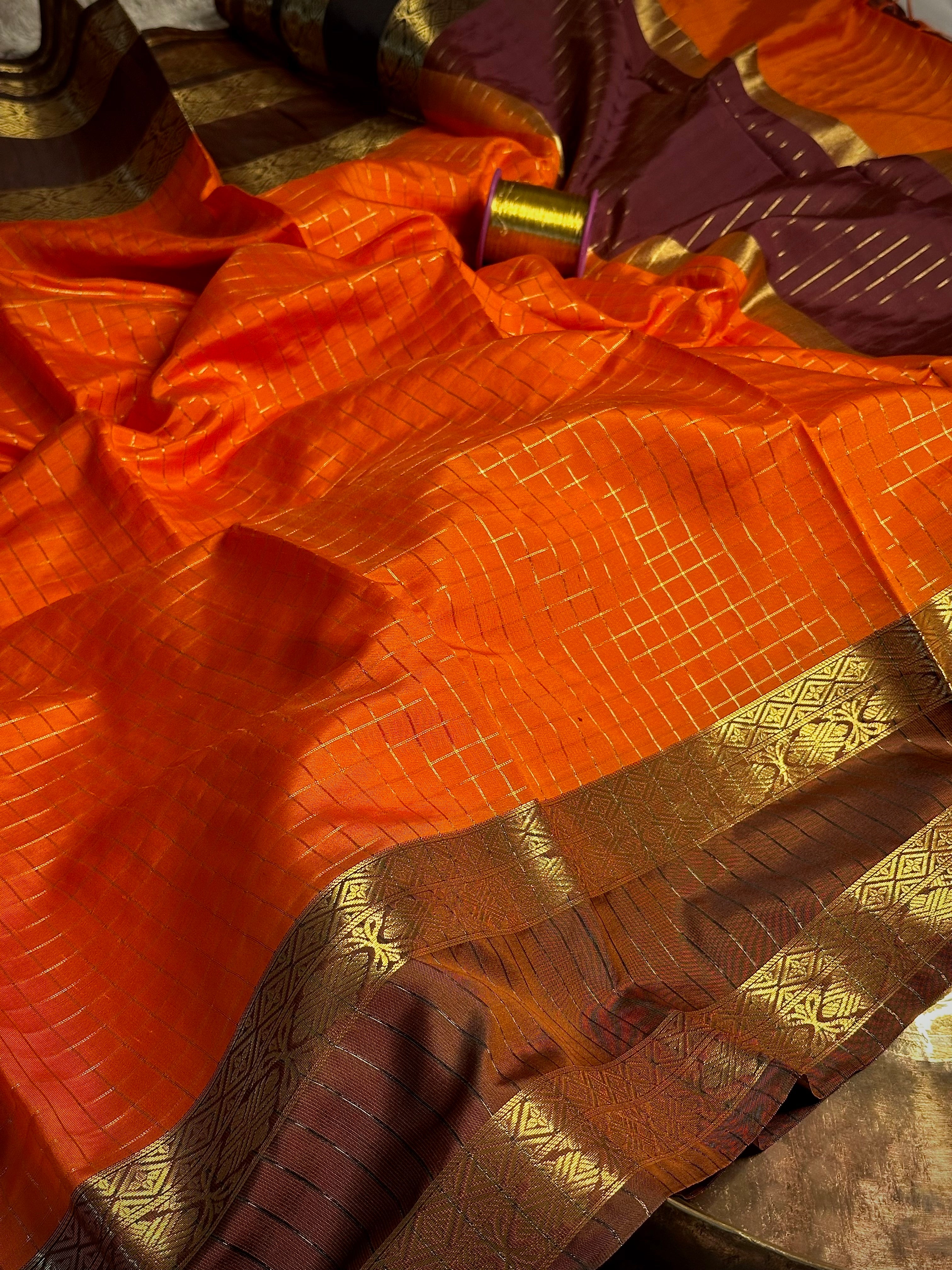 Bright Orange Checks Weave Cotton Banarasi Saree