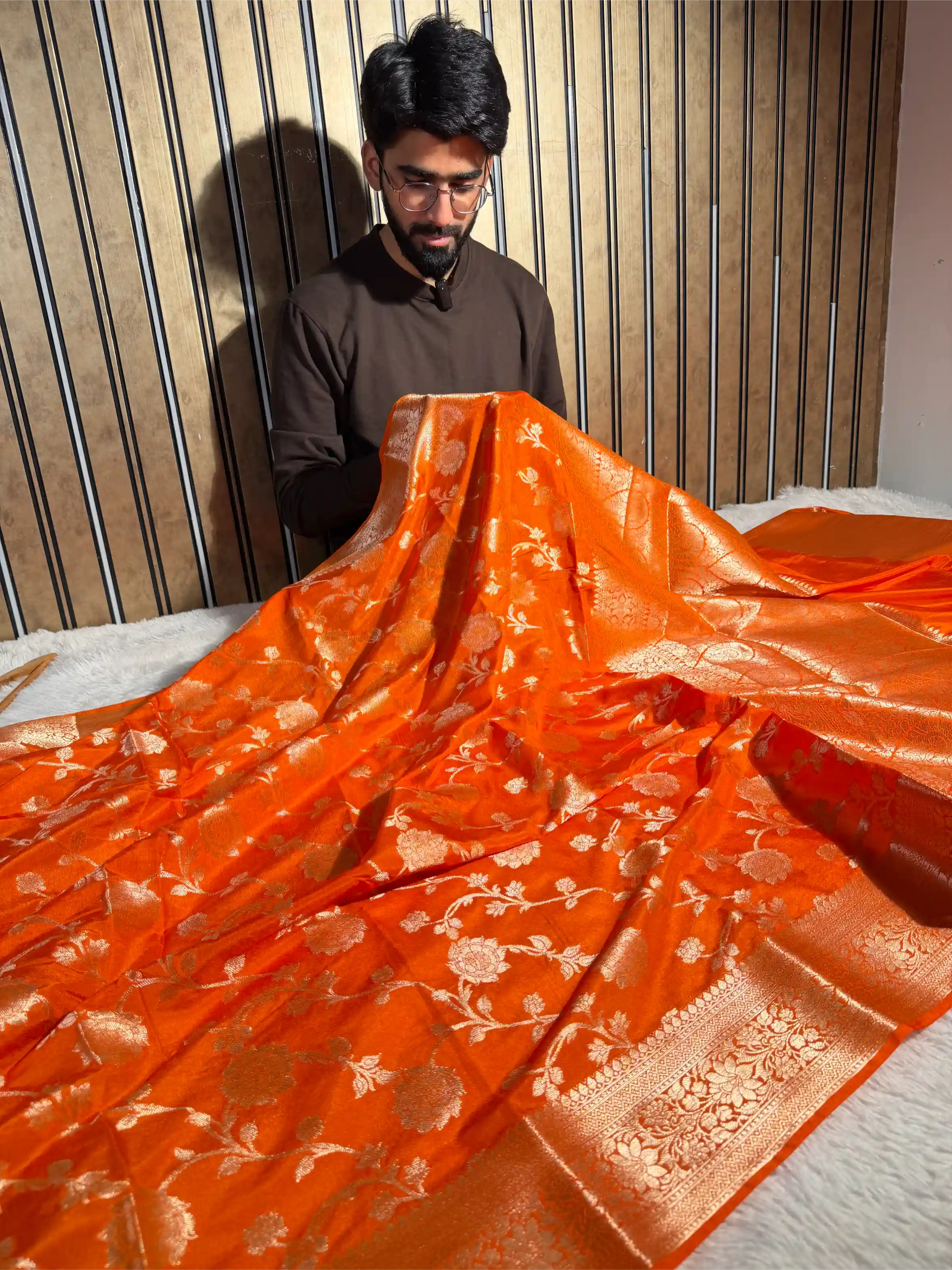 Bright Orange Chinia Silk Floral Jaal Weave Banarasi Saree