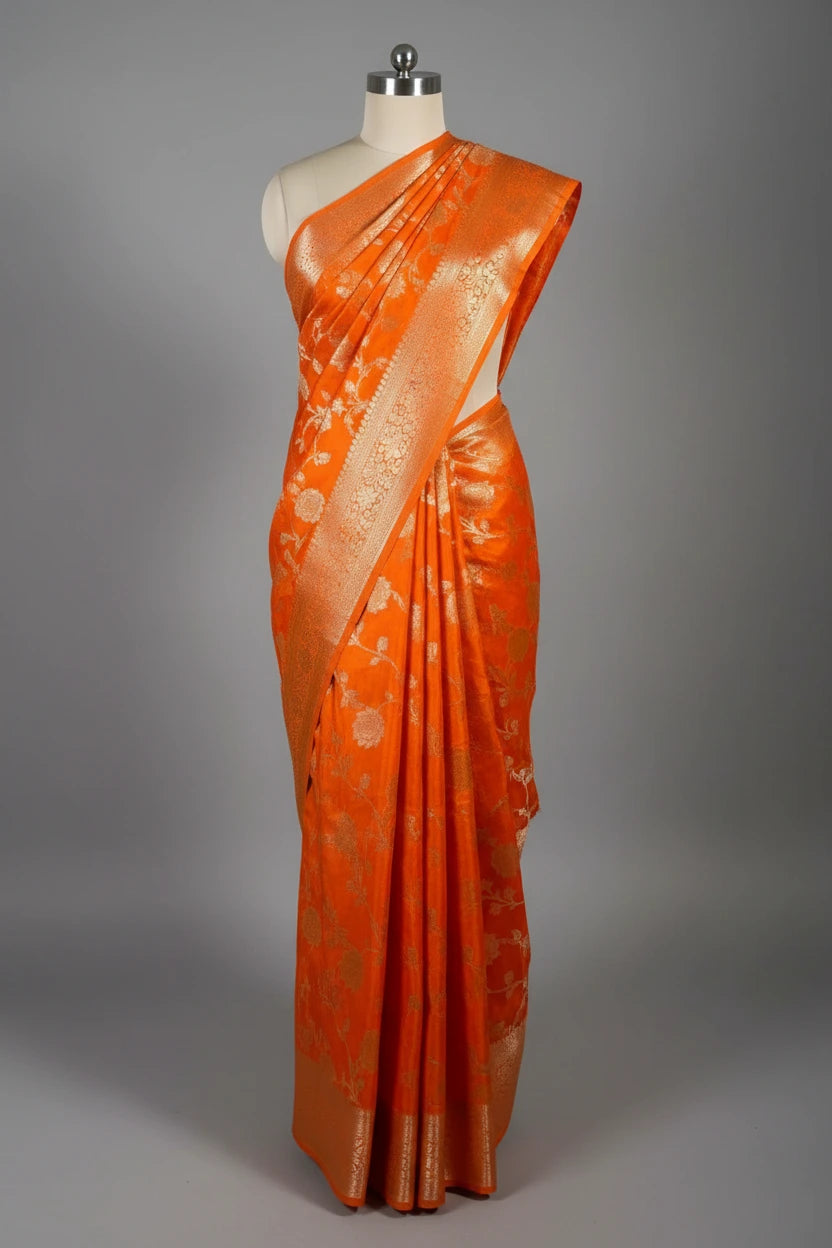 Bright Orange Chinia Silk Floral Jaal Weave Banarasi Saree
