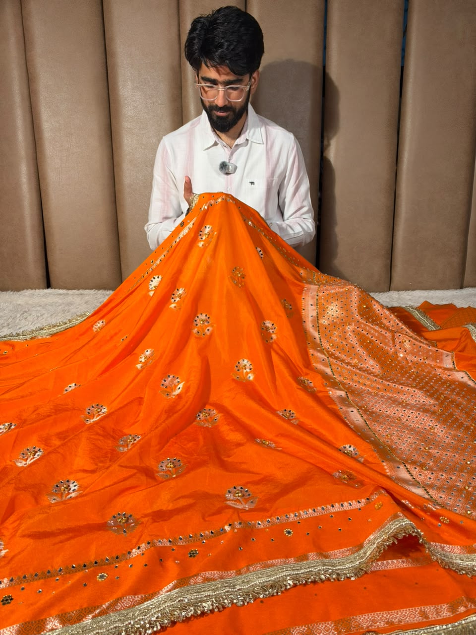 Bright Orange Chinia Silk Ghungroo Mirror Work Saree