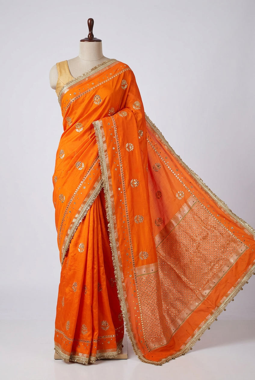 Bright Orange Chinia Silk Ghungroo Mirror Work Saree