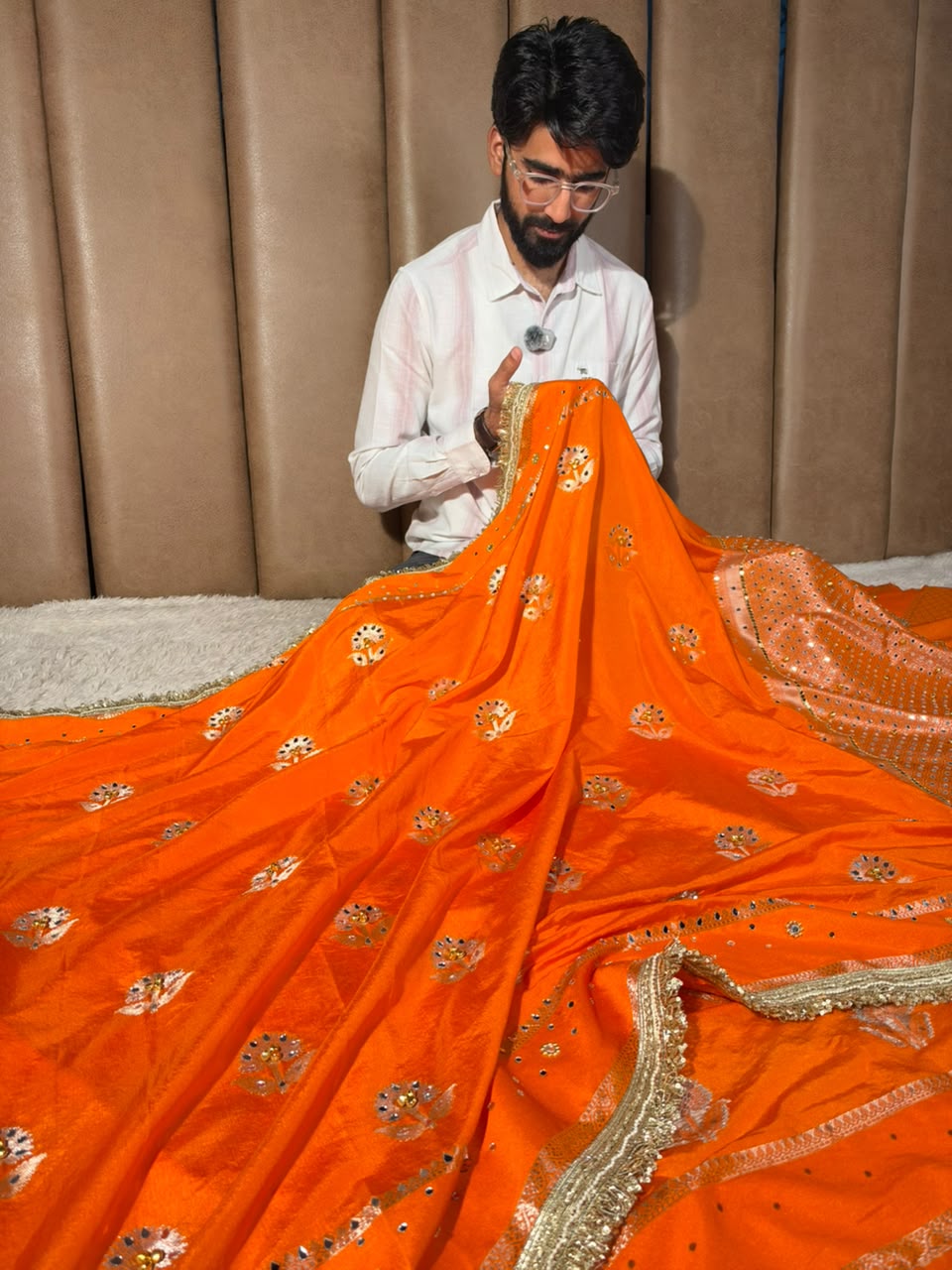 Bright Orange Chinia Silk Ghungroo Mirror Work Saree