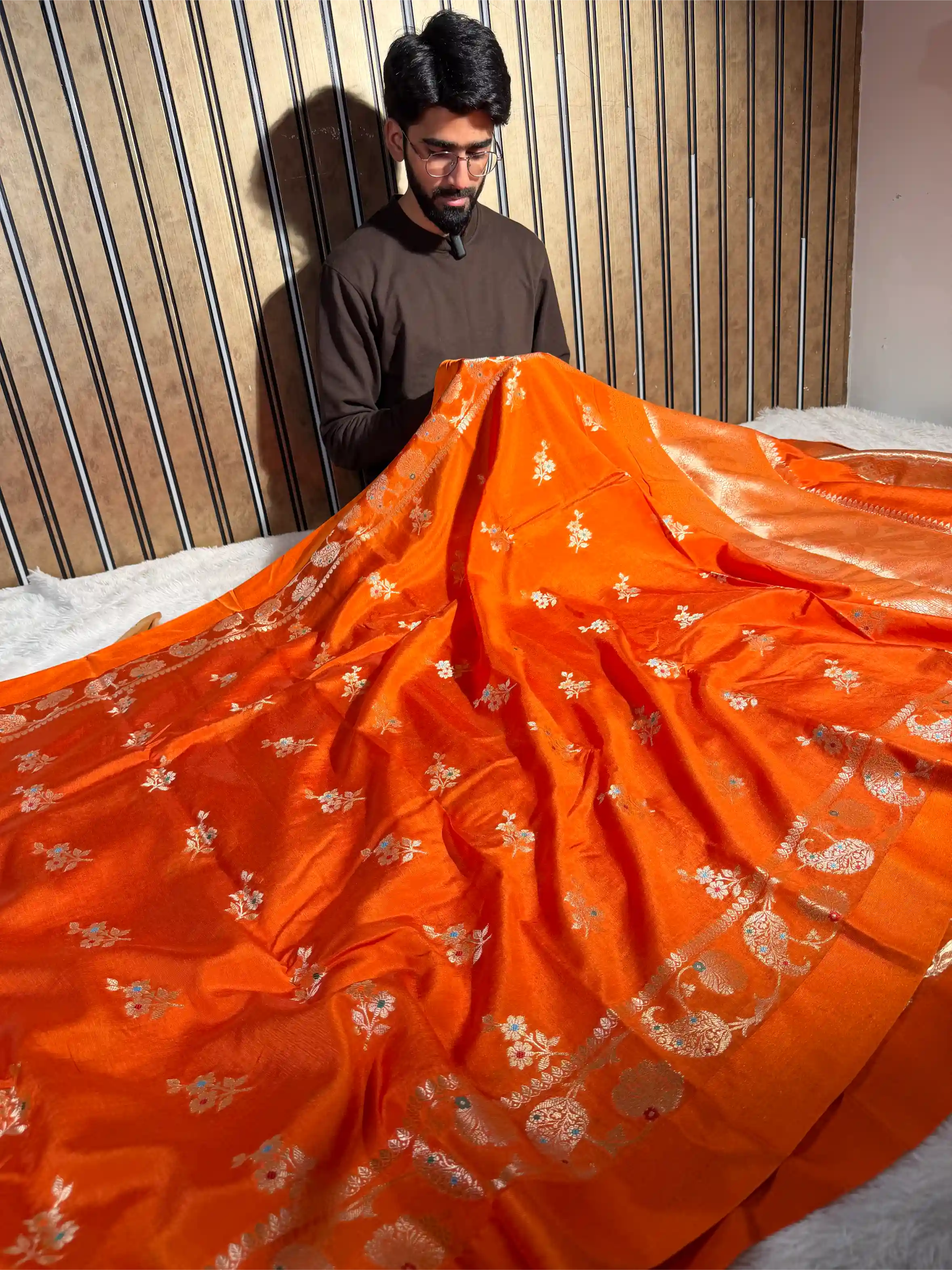 Bright Orange Chinia Silk Heritage Weave Banarasi Saree