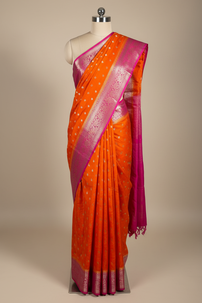 Bright Orange Chinia Silk Traditional Buti Banarasi Saree