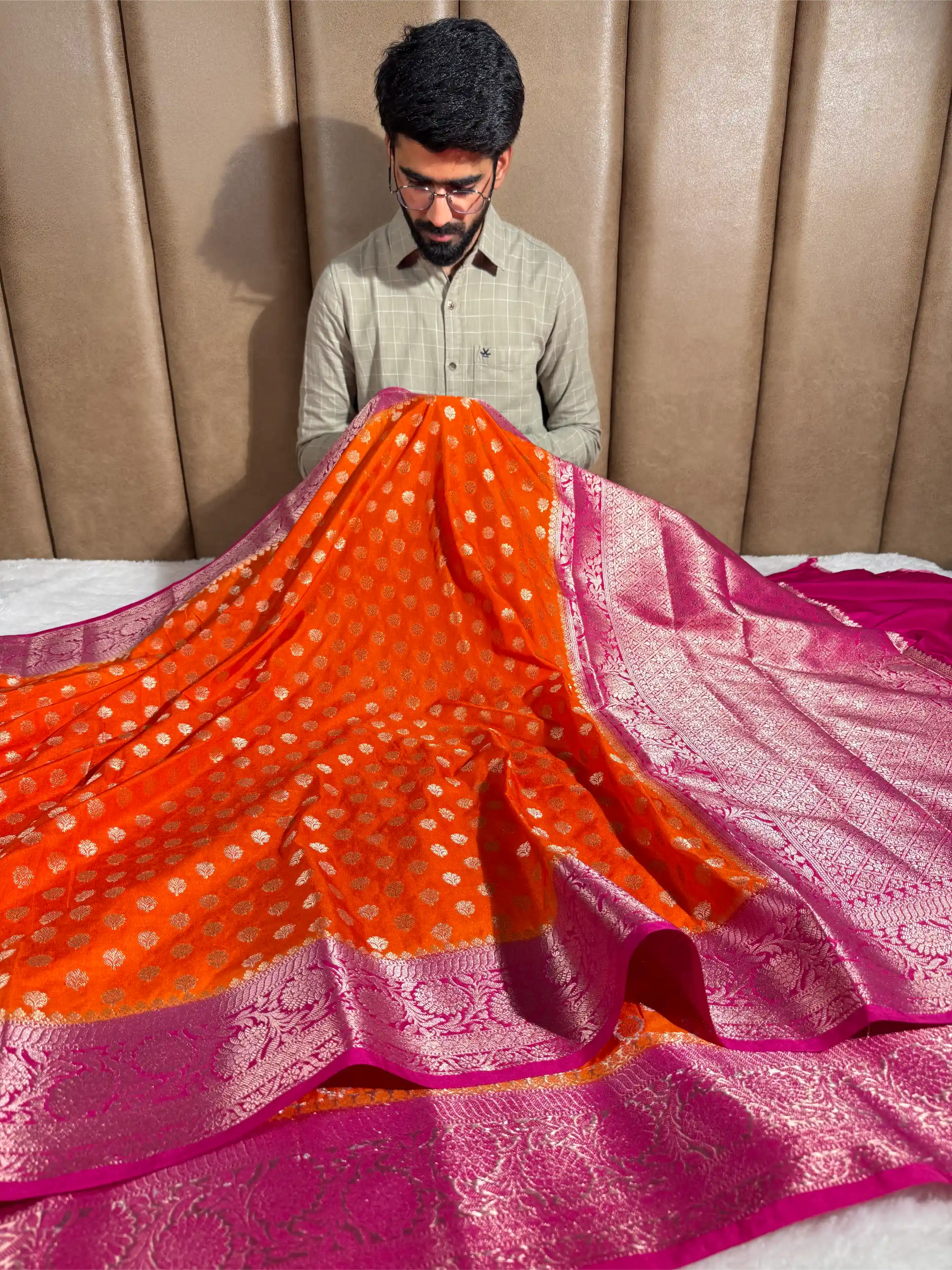 Bright Orange Chiniya Silk Khaddi Buti Banarasi Saree