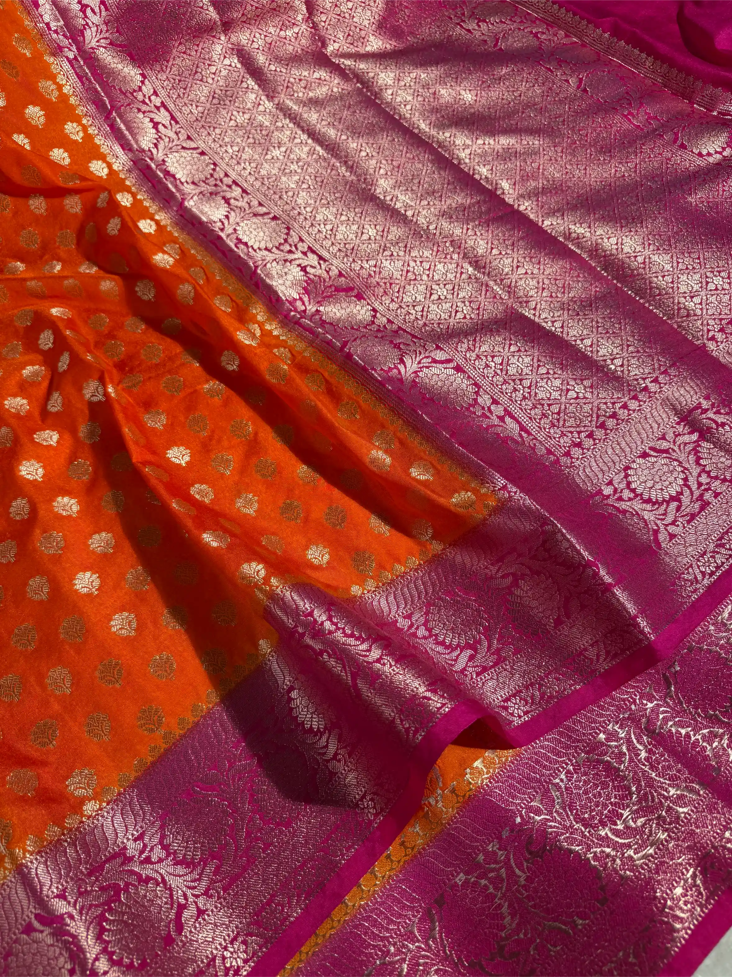 Bright Orange Chiniya Silk Khaddi Buti Banarasi Saree