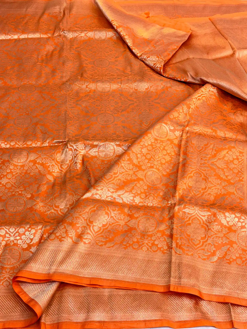 Bright Orange Embossed Pure Katan Silk Saree