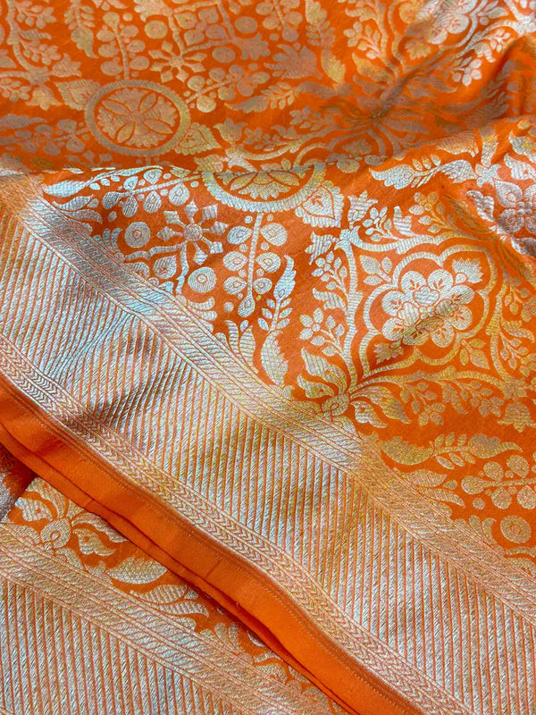 Bright Orange Embossed Pure Katan Silk Saree