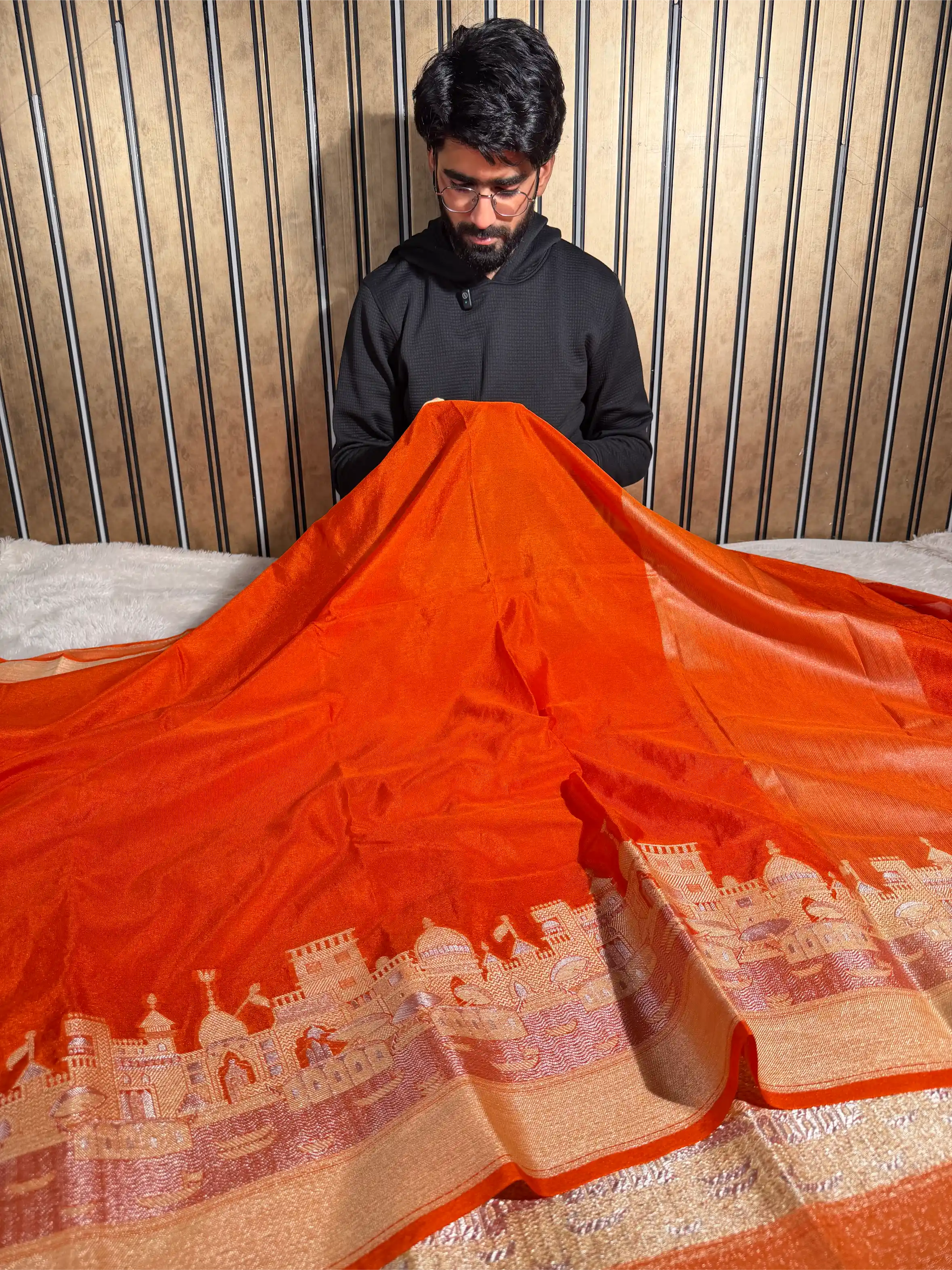 Bright Orange Georgette Silk Ghats of Banaras Banarasi Saree