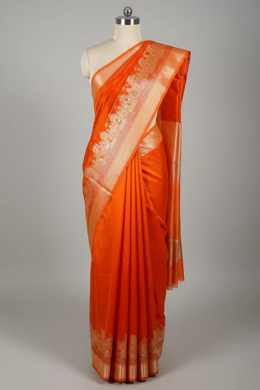Bright Orange Georgette Silk Ghats of Banaras Banarasi Saree