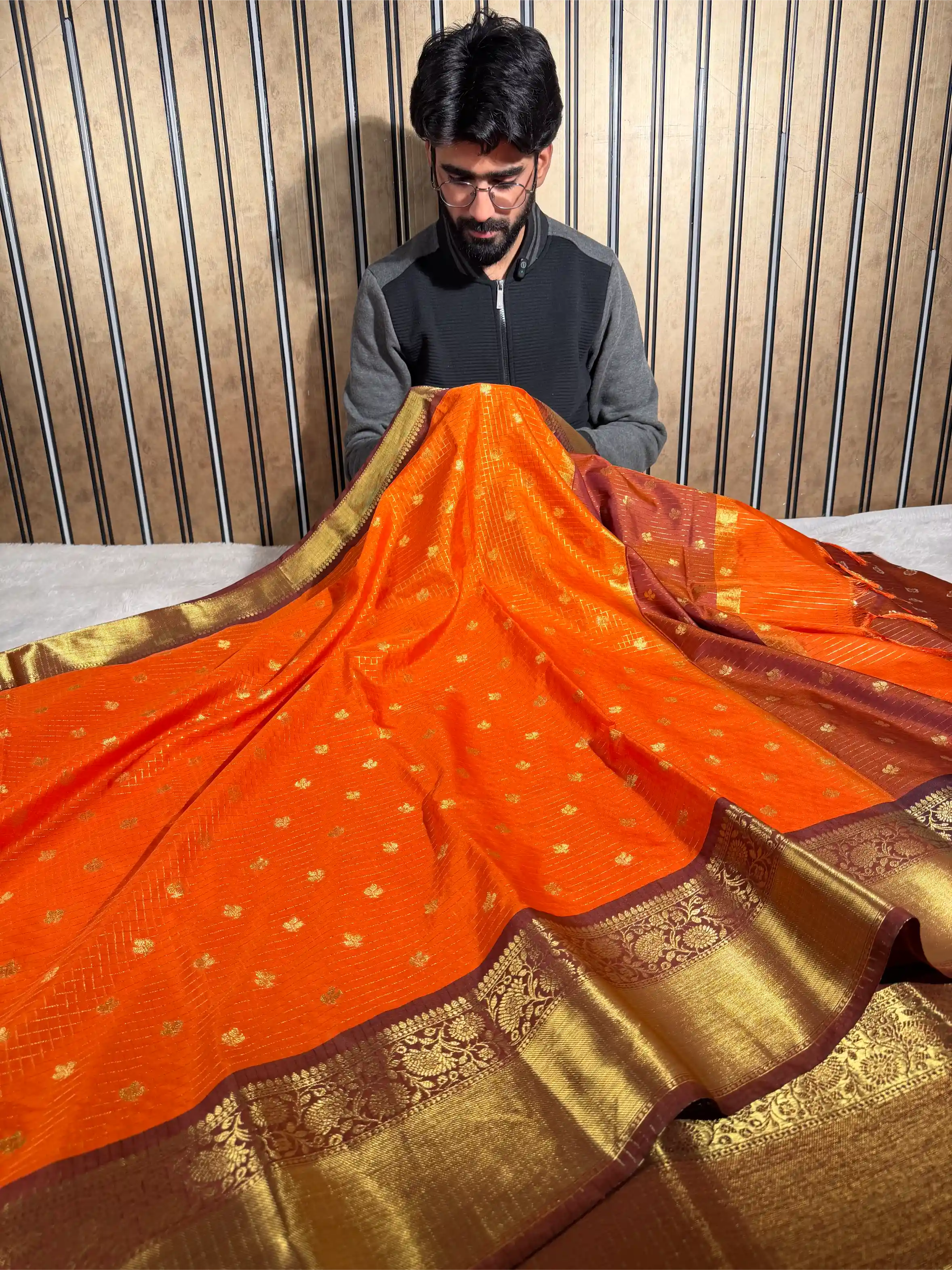 Bright Orange Kanchi Silk Maheshwari Checks Banarasi Saree