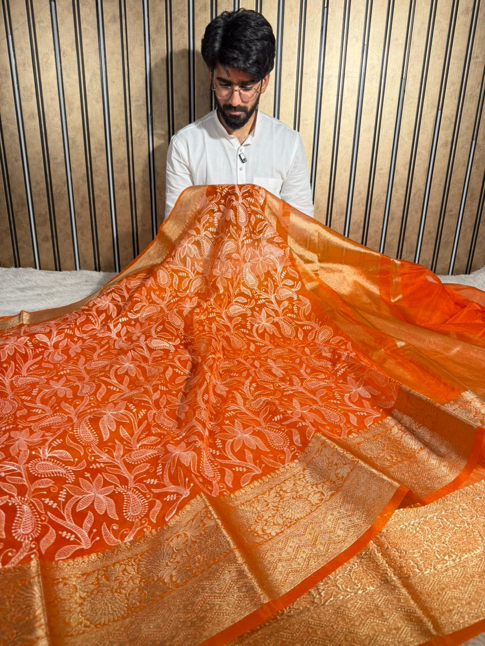 Bright Orange Kora Organza Chikankari Embroidered Banarasi Saree