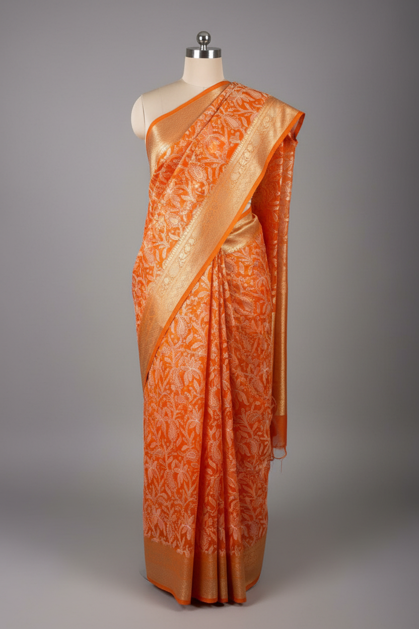 Bright Orange Kora Organza Chikankari Embroidered Banarasi Saree