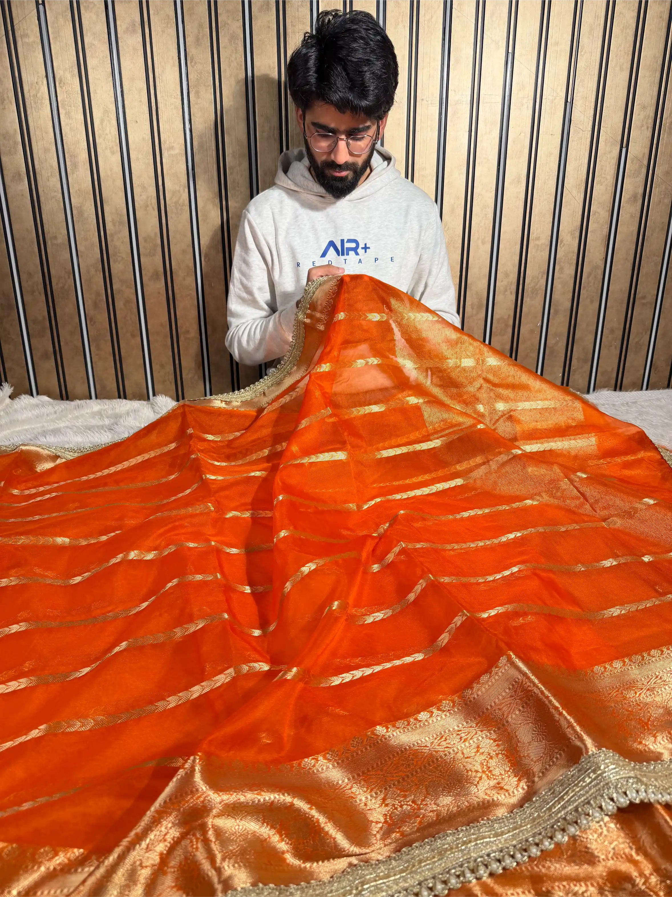 Bright Orange Kora Organza Silk Heavy Lace Work Banarasi Saree
